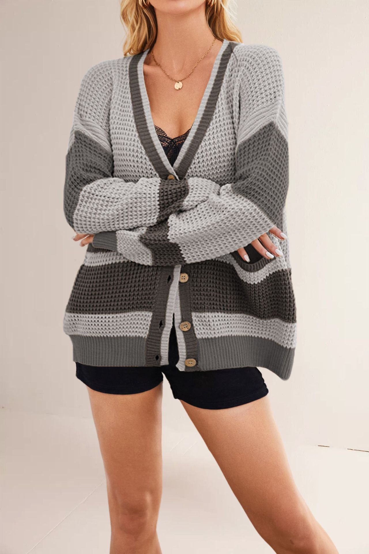 Women's Classy Knitted Pocket Color Matching Sweaters