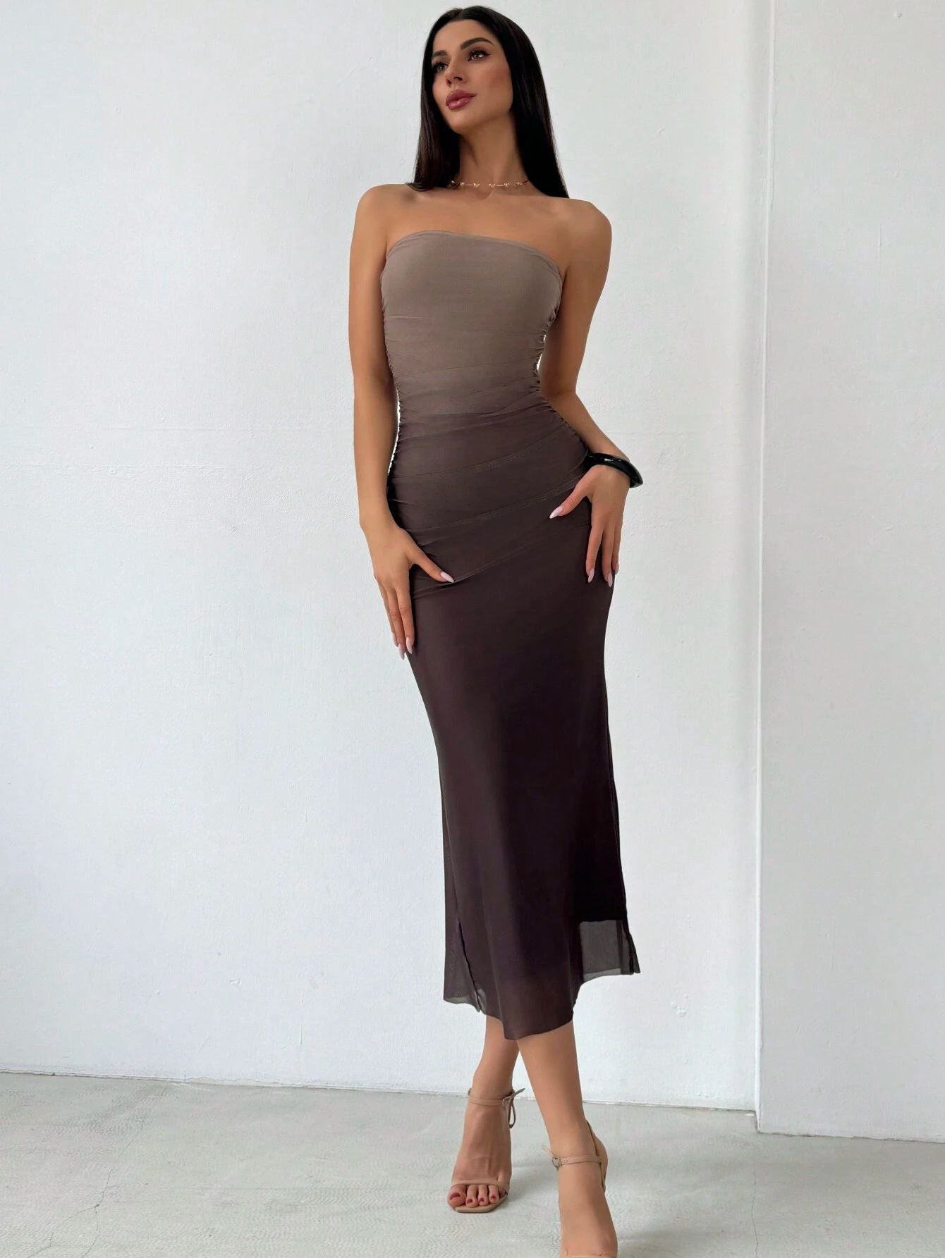 Gradient Pleated Sexy Tight Split Strapless Dresses
