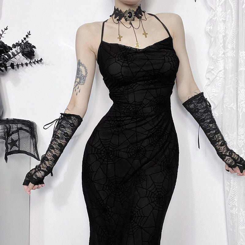 Women's Summer Dark Elegant Sexy Collar Spider Web Dresses