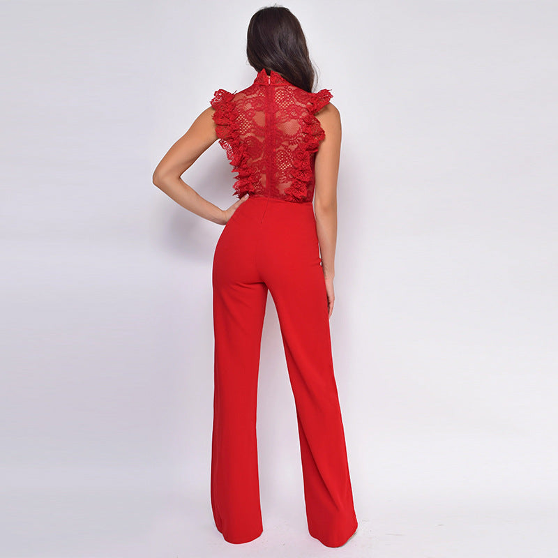 Women's Turtleneck Fashion Straight Lace Crochet Sleeveless Jumpsuits