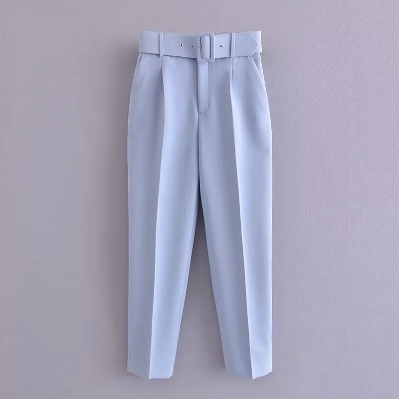 Women's European Spring With Belt Pure White Pants