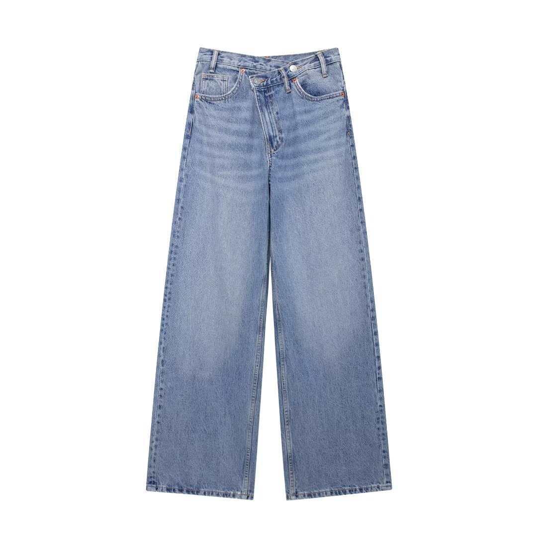 Women's Breasted Thin High Spring Wide Leg Personality Jeans