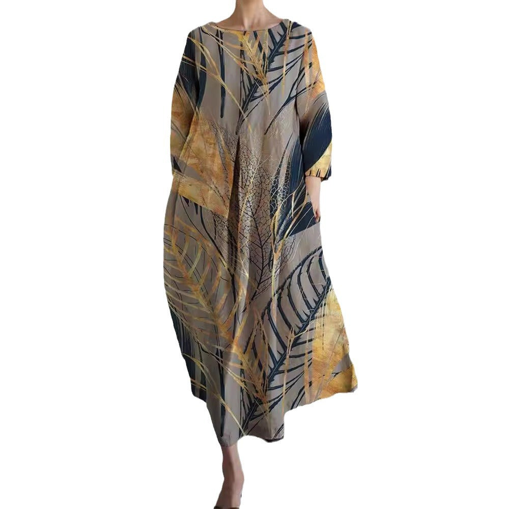 Women's Summer Loose Round Neck Fashion Long-sleeved Dresses
