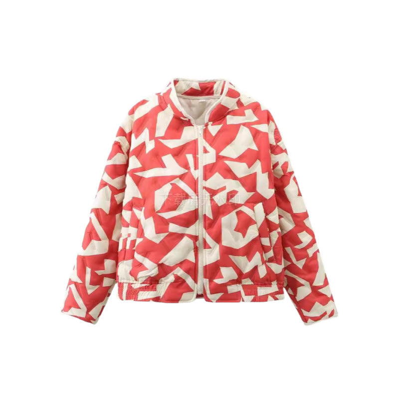 Women's Quilted Printed Zipper Loose Embossed Cotton Coats