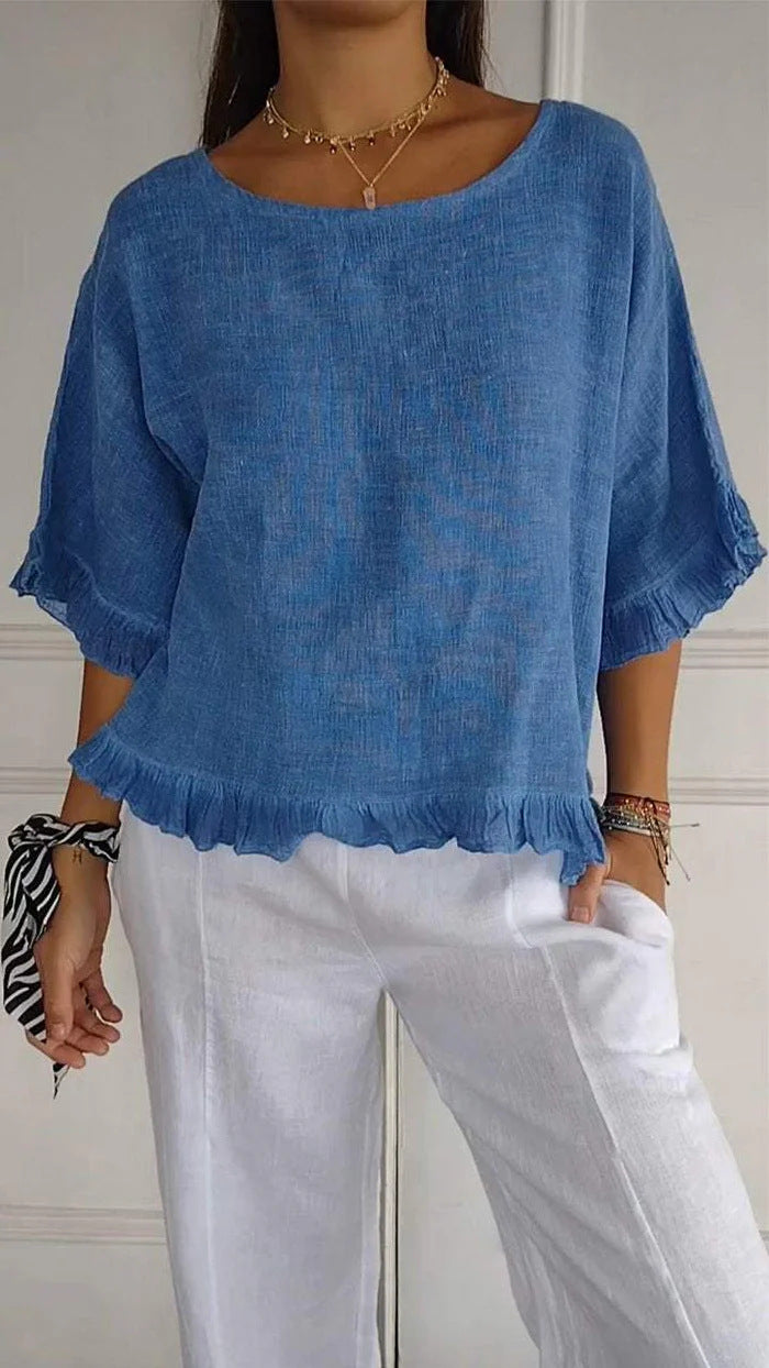 Pure Color Ruffles T-shirt Female Casual Blouses