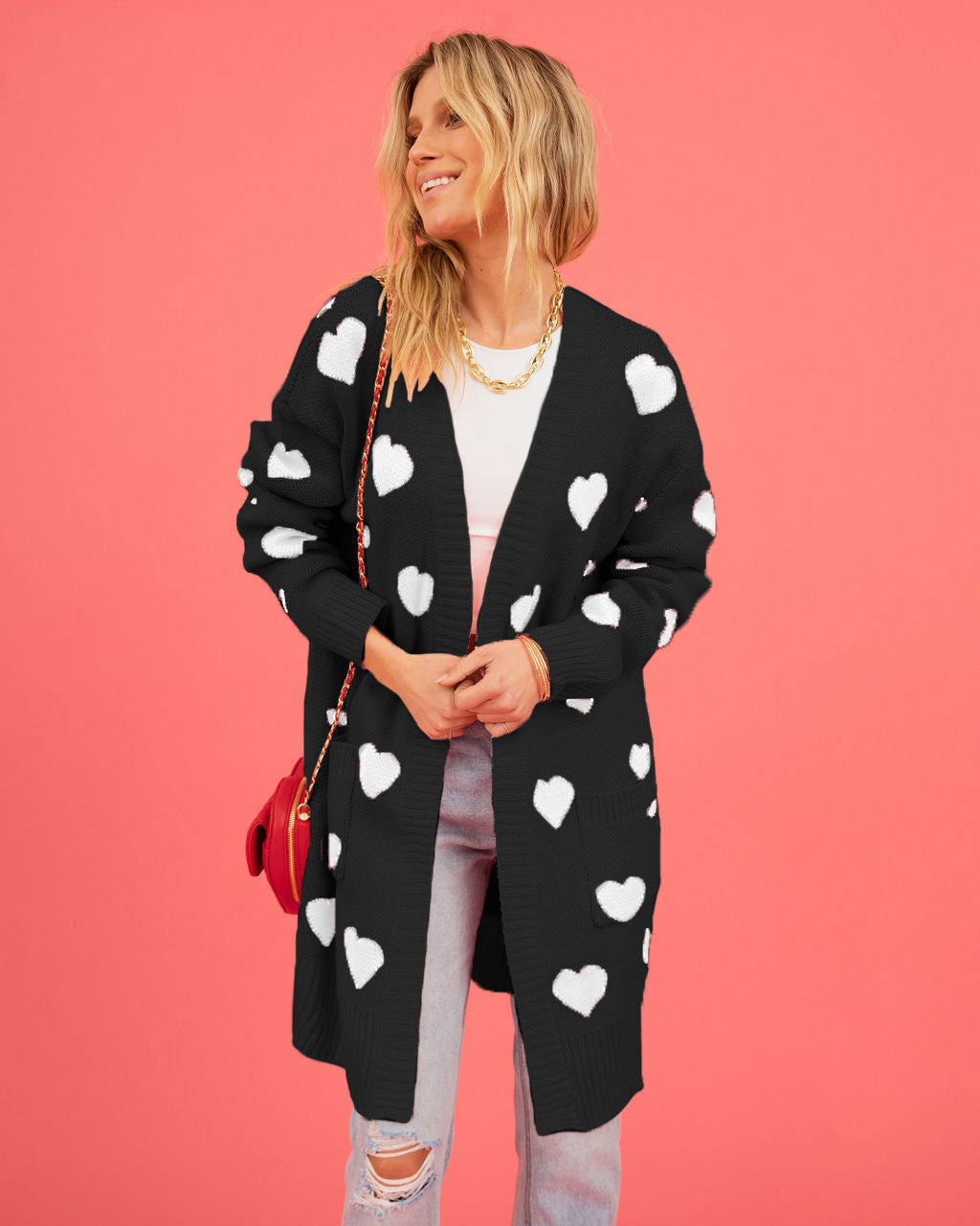 Women's Valentine's Day Heart Knitted Love Pocket Coats
