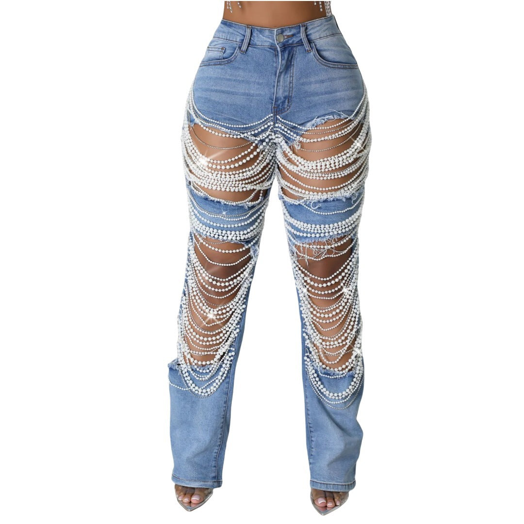 Women's Ripped Cool Beaded High Waist Stretch Denim Jeans