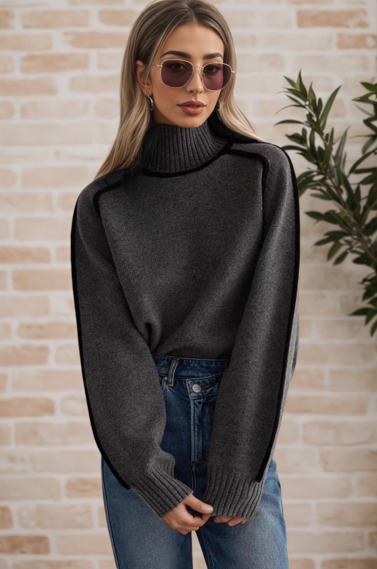 Women's Half Turtleneck With Shoulder Sleeve Elegant Line Thread Sweaters