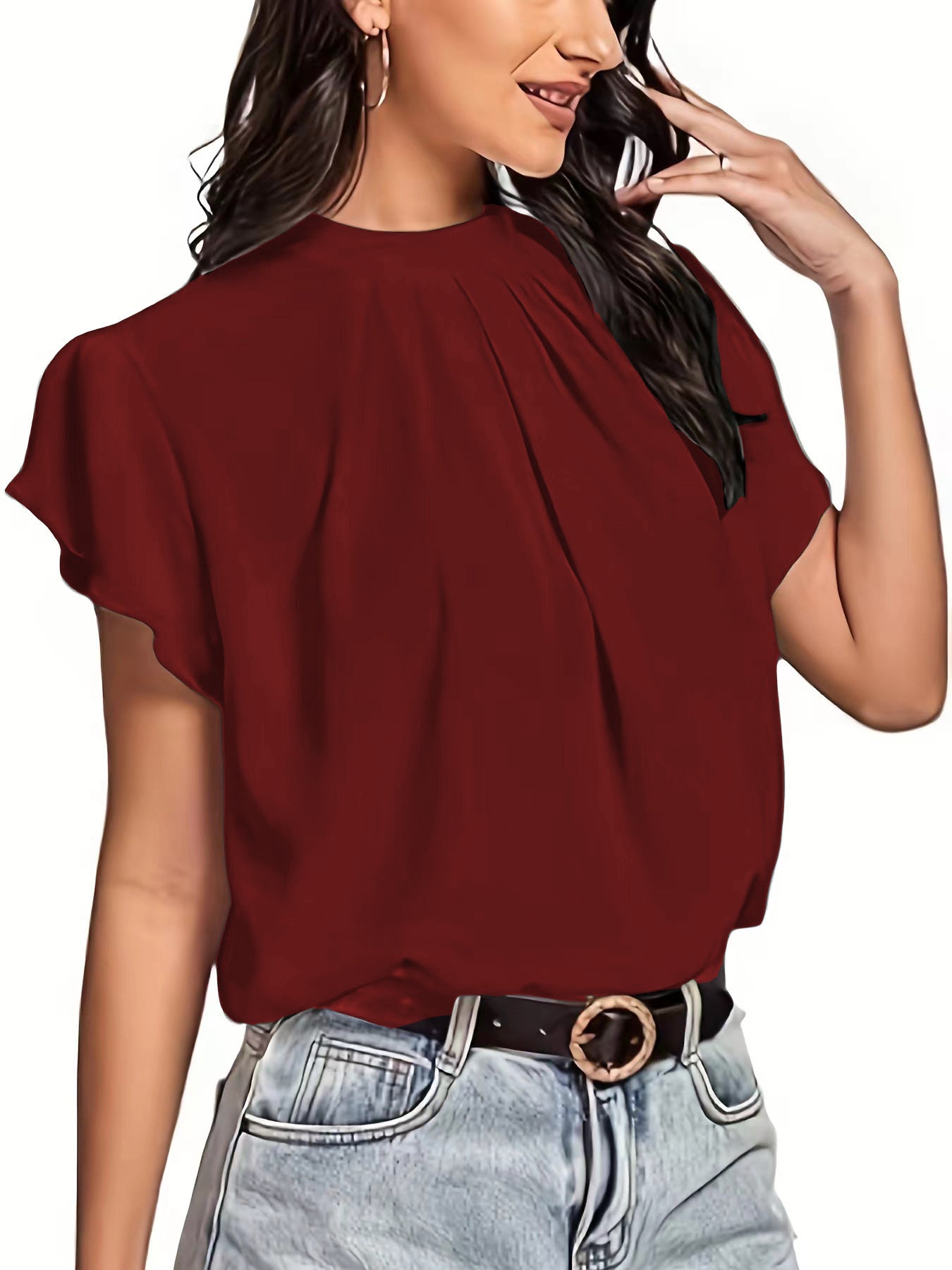 Women's Pleated Wrap Sleeve Arc Lock Hole Blouses