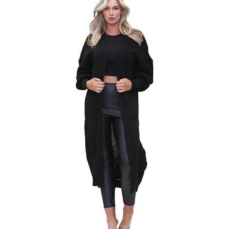 Women's Knitted Pocket Lantern Sleeve Long Large Knitwear