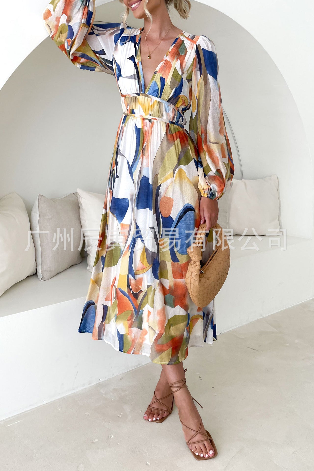 Women's Elegant Mottled Floral Lantern Sleeve Large Dresses