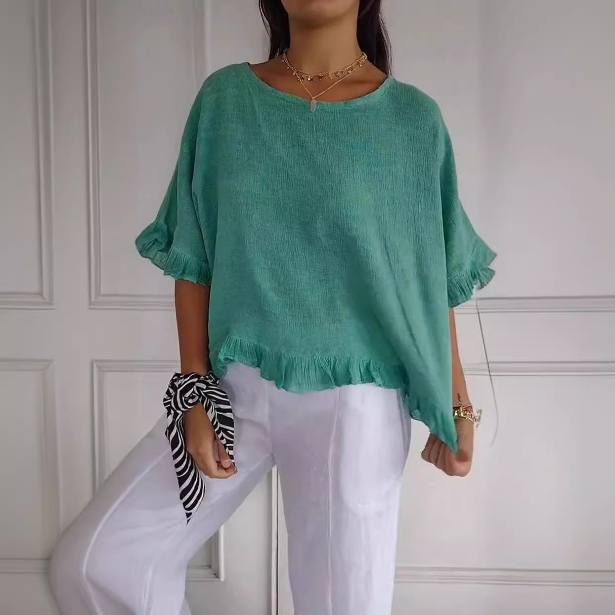 Pure Color Ruffles T-shirt Female Casual Blouses