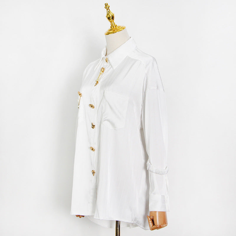 Women's Retro Summer Striped Metal Buckle Lapel Blouses