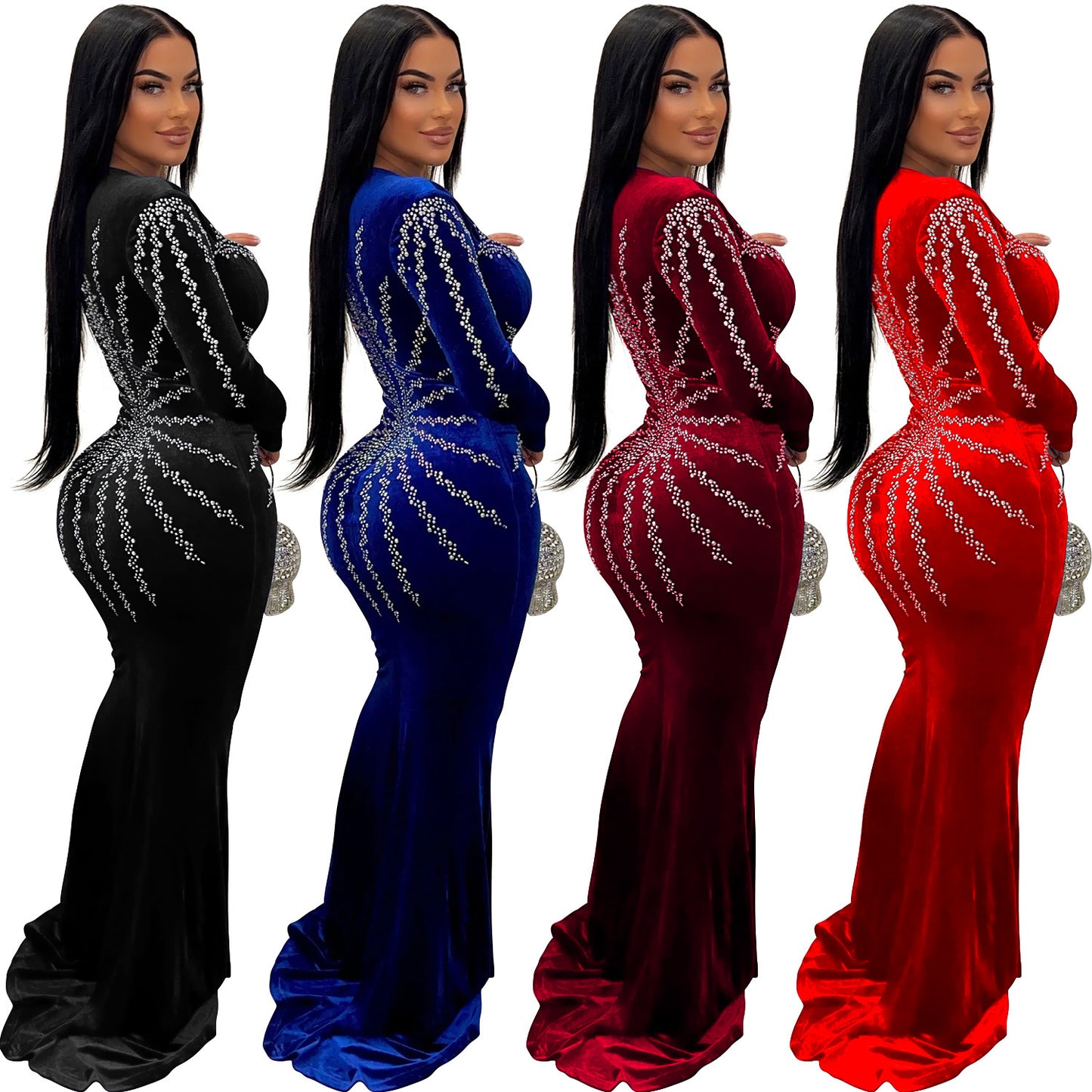 Women's Wear Solid Color Sexy Rhinestone Long Dresses