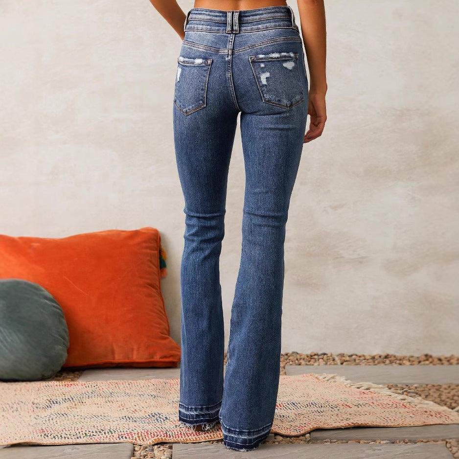 Women's Spring Retro Tattered Washed Street Trousers Jeans