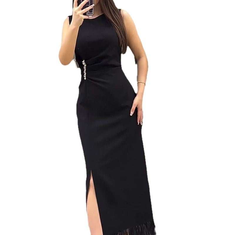 Women's Solid Color Sleeveless Slim Bottom Tassel Dresses