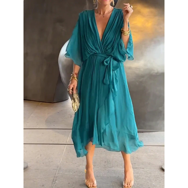 Women's Pure Color Tied Long Dress Batwing Plus Size