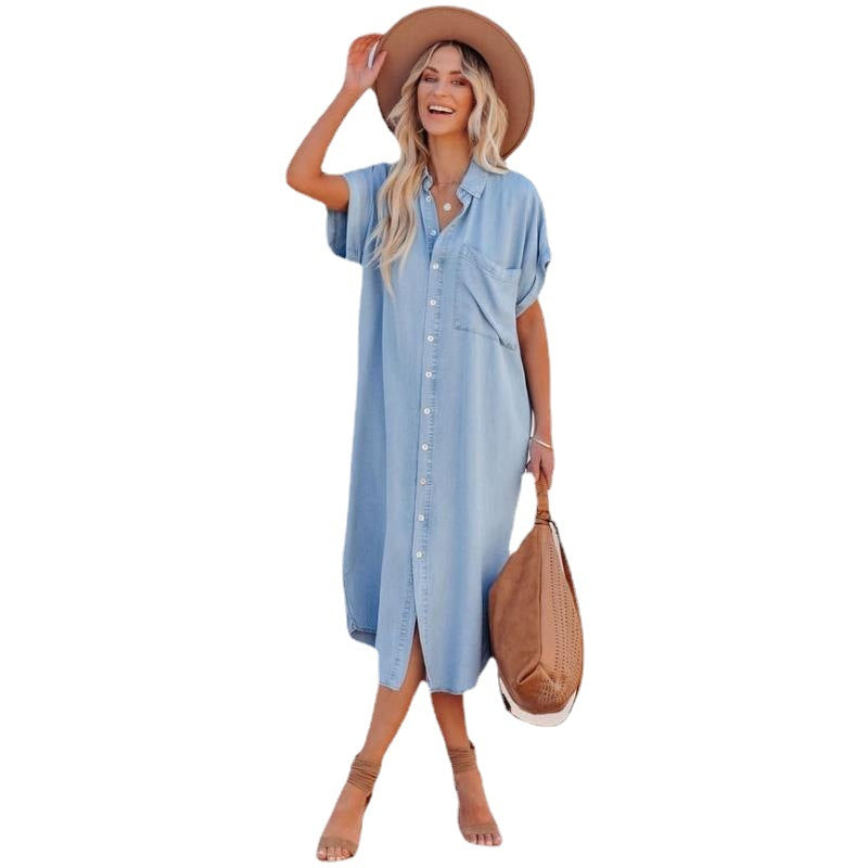 Women's Solid Color Denim Sleeve Long Pattern Split Dress