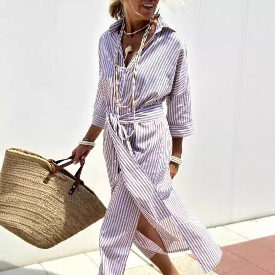 Women's Cotton Linen Stripes Shirt Dress Loose Dresses