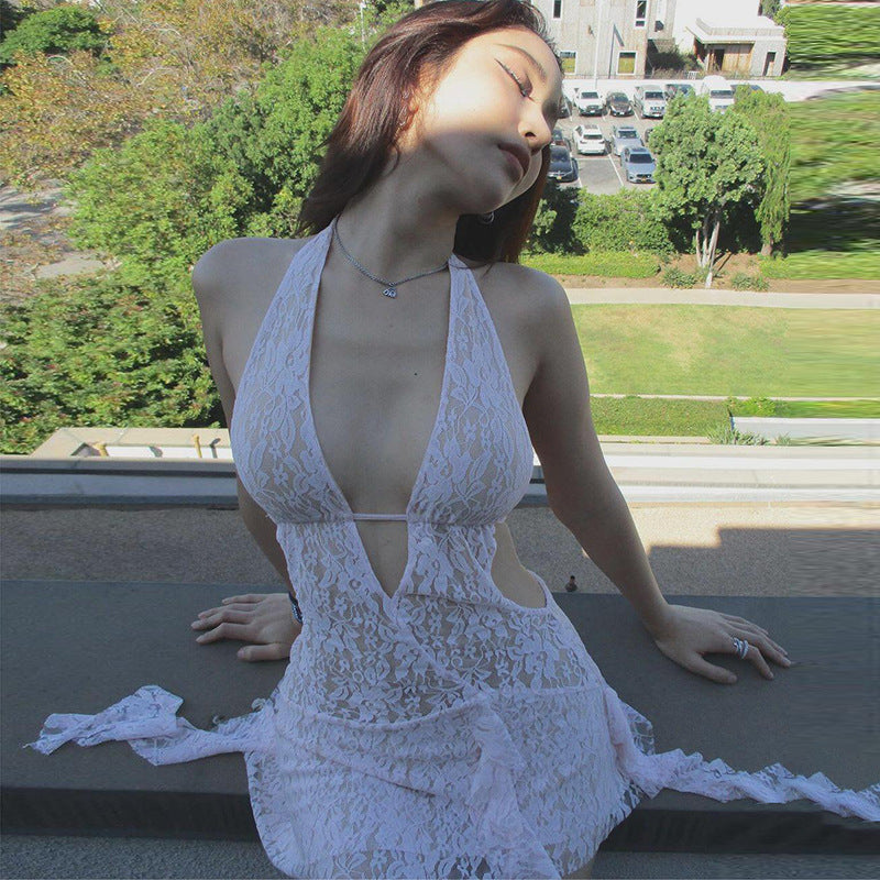 Hot Style Stitching Ribbon Halter Lace Dresses