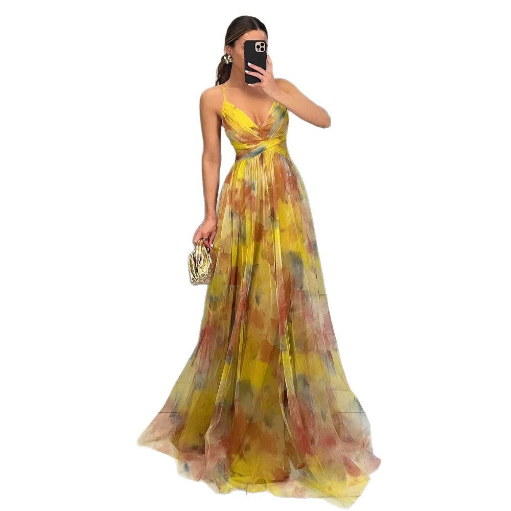 Mesh Printing Slip Dress Vacation Leisure Dresses