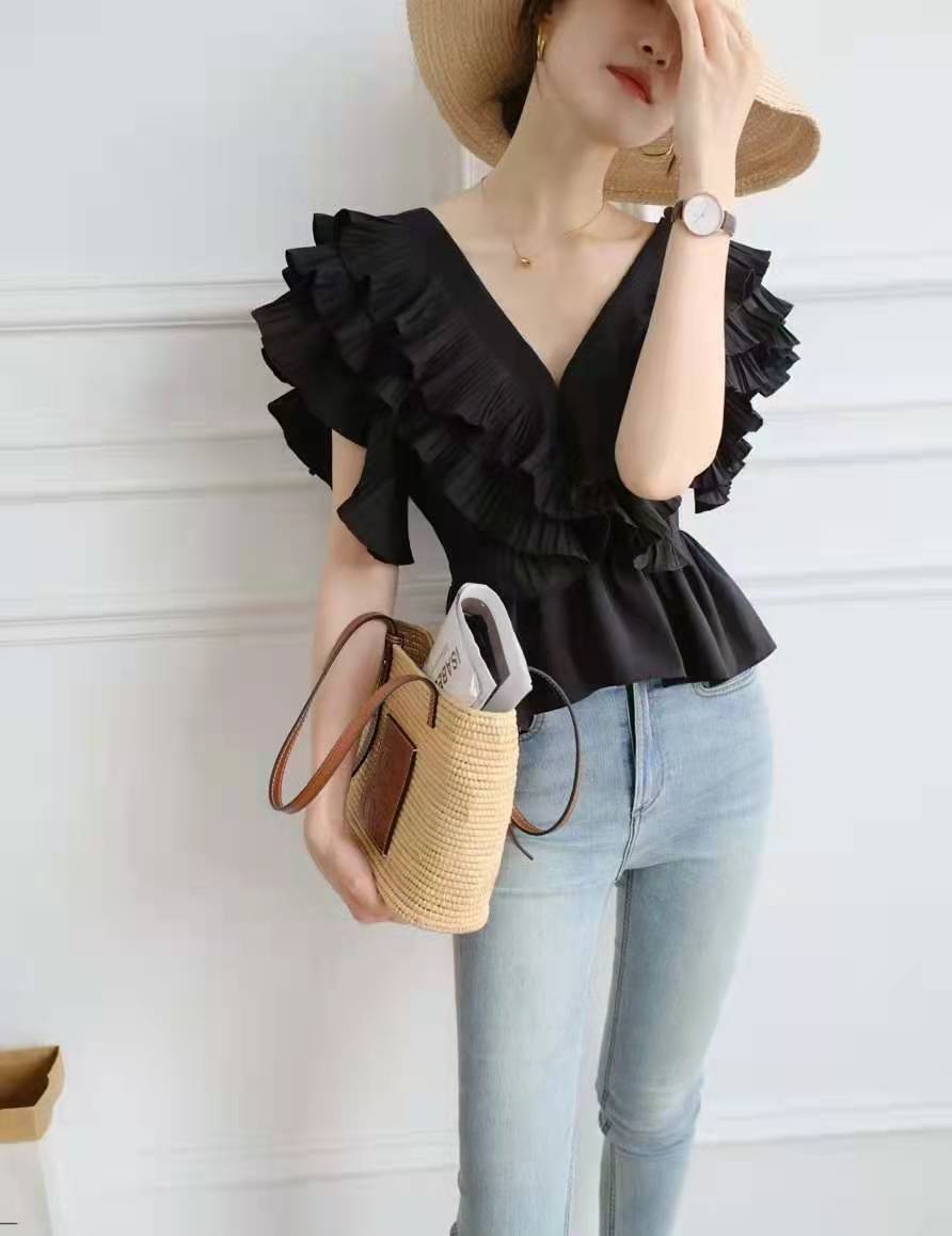 Women's Summer Red Flower Pleated Ruffled Western Blouses