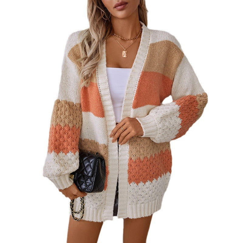 Women's Contrast Color Striped Casual Loose Lantern Cardigans