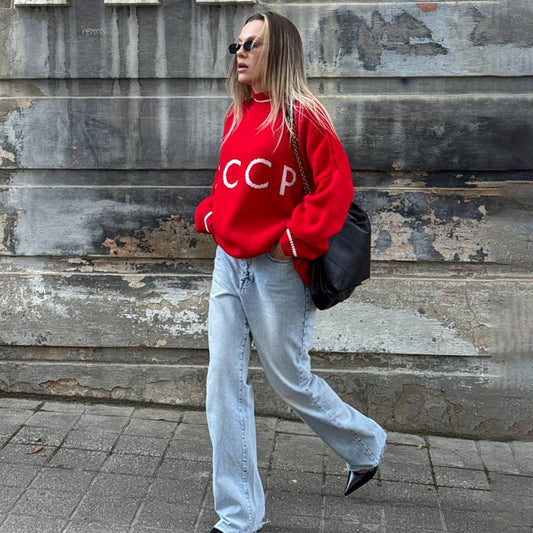 Women's Red Small Round Neck Loose Retro Sweaters