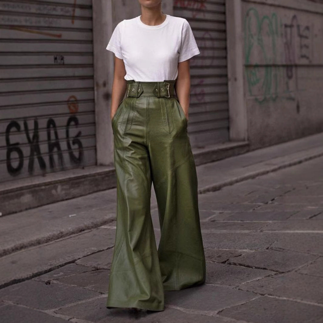 Women's Fashion Leather High Waist Loose Pockets Pants