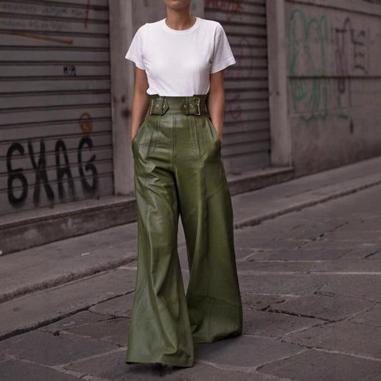 Women's Fashion Leather High Waist Loose Pockets Pants