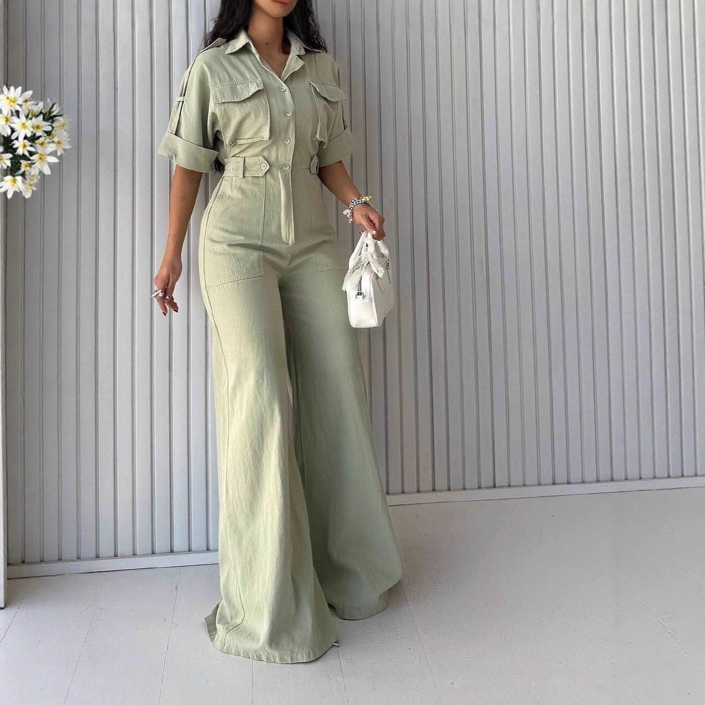Women's Tight Slimming Wide Leg Lapel Overalls Pants
