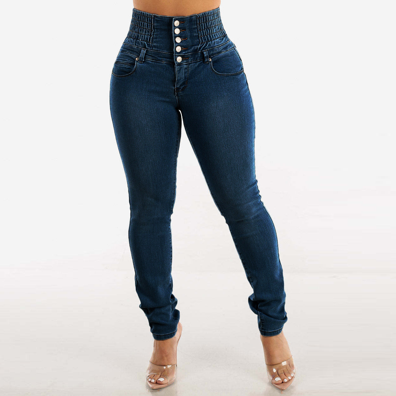 Women's Stretch Slimming Button Pencil Slim Fit High Waist Hip Jeans