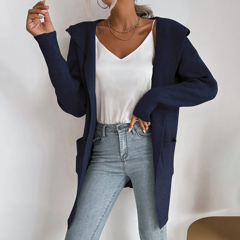 Women's Unique Hooded Sunken Stripe Knitted Knitwear