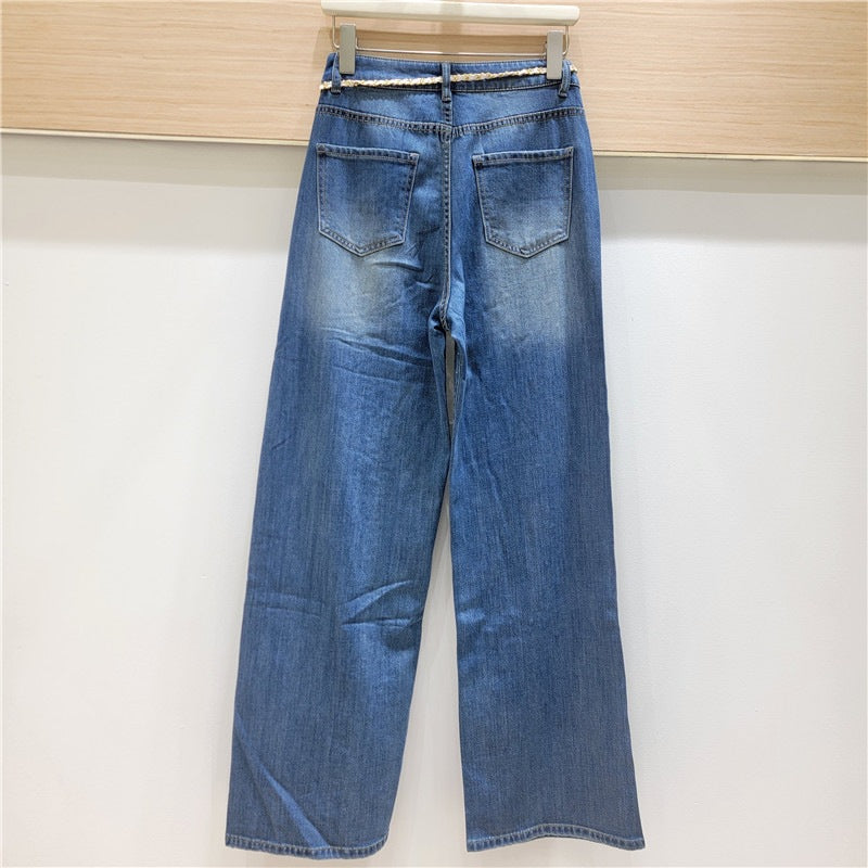 Women's Stitching Rhinestone Summer Korean Style High Jeans