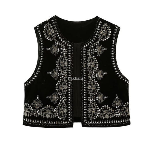 Women's Retro Fashion Casual Embroidered Veet Vests