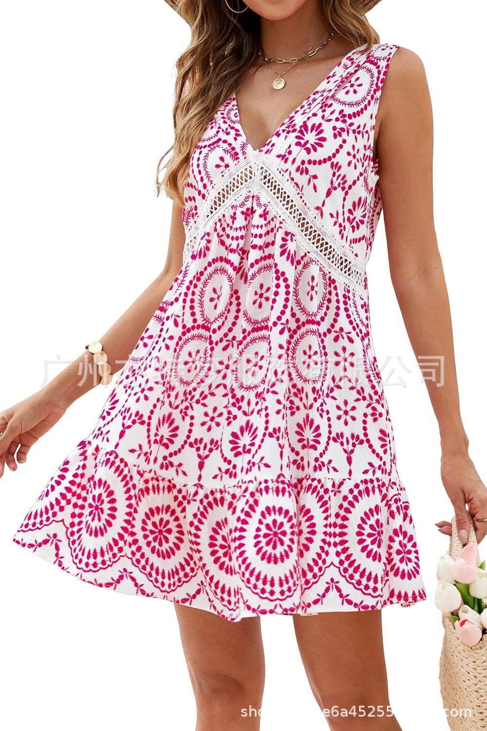 Women's Elegant Printed Hollow Lace Sleeveless Dress