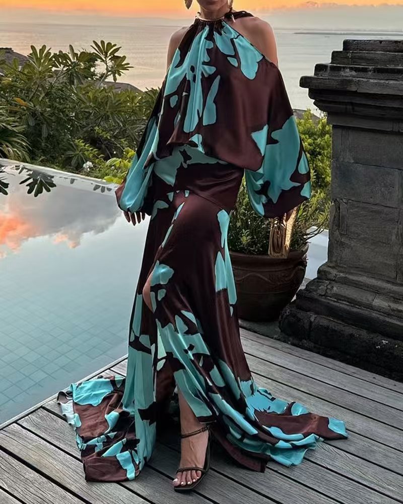 Women's Vacation Style Temperament Printed Raglan Sleeve Dresses