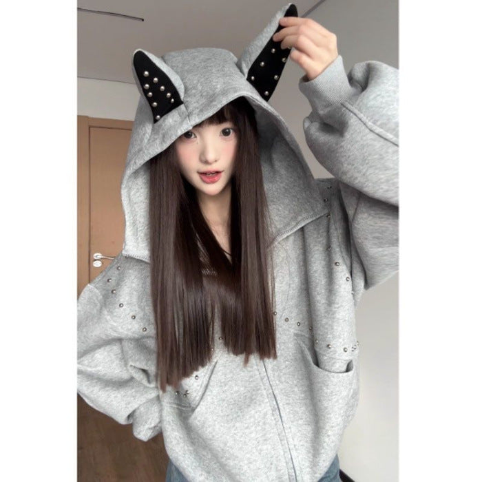 Hooded Rivet Puppy Ears Loose Sweet Cool Sweaters