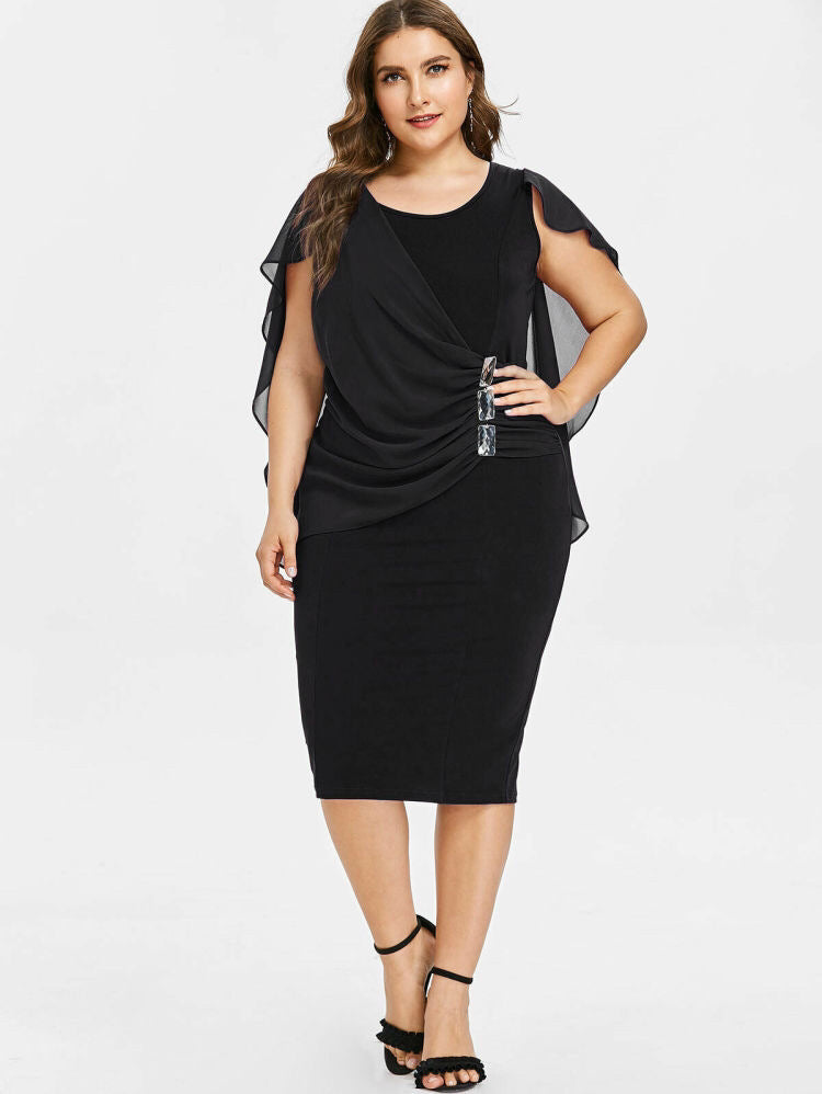 Women's Sleeve Chiffon Shawl Tight Mid Asymmetric Dresses