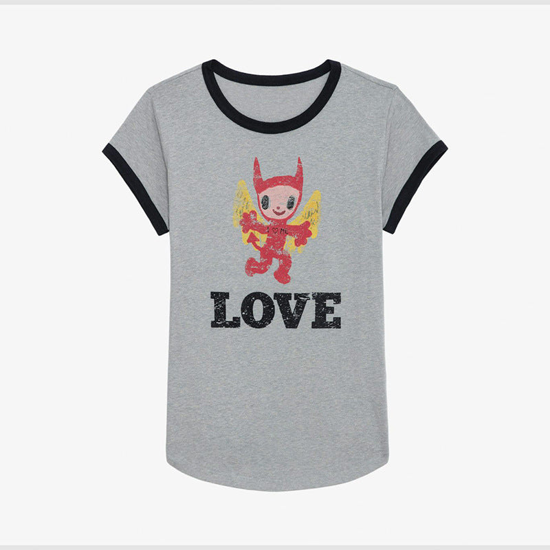 Doll Print Cotton Linen Floral Gray Female Blouses