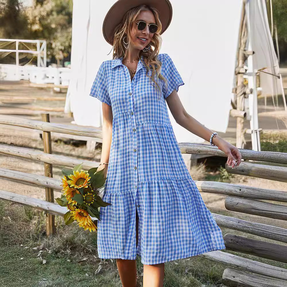 Women's Summer Plaid Dress Shirt Collar Casual Dresses