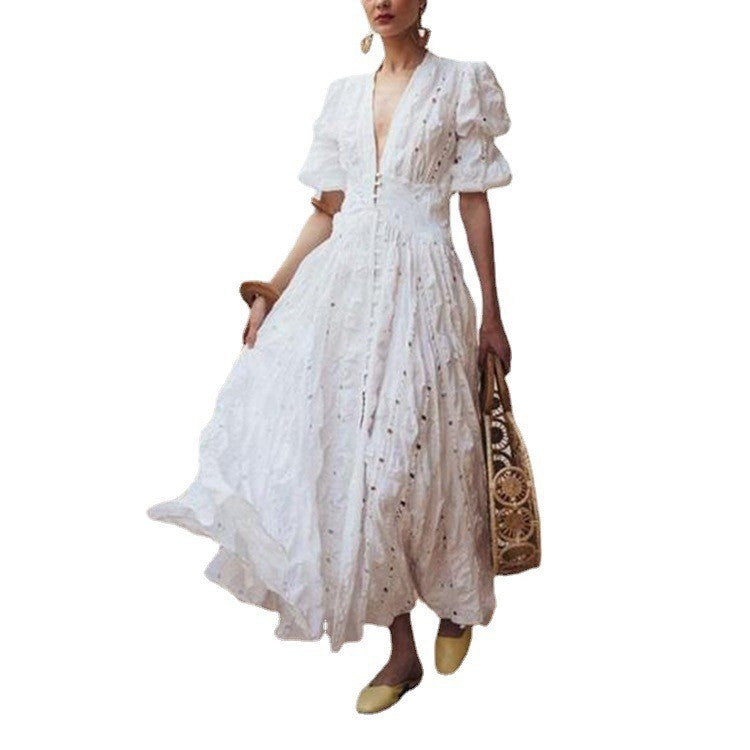 Women's Summer Deep V Puff Sleeve Lace Dresses