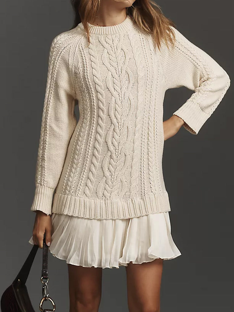 Round Neck Twist Knitted Chiffon Stitching Sweet Dresses