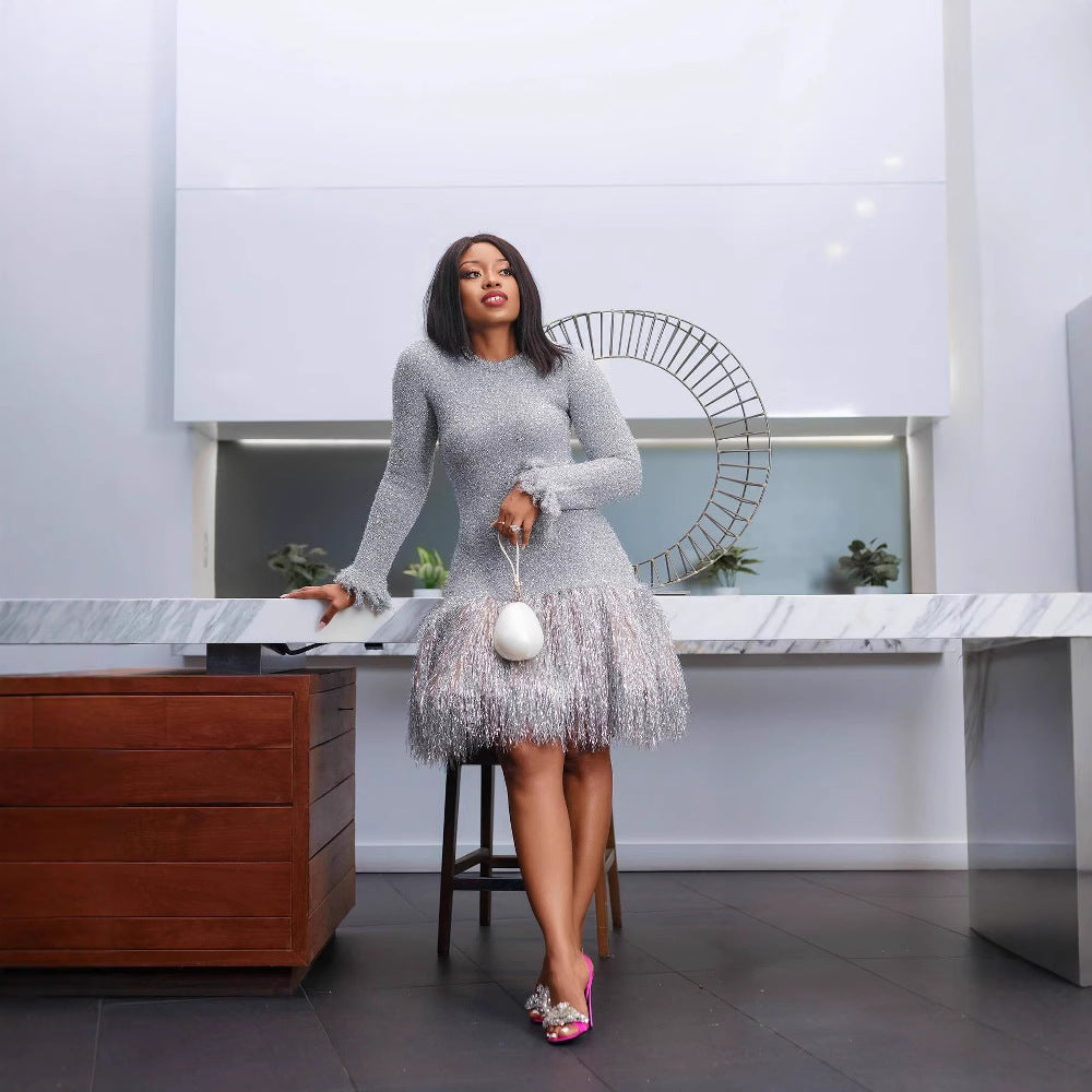 Composite Fabric Tassel Dress Fit Slimming Dresses