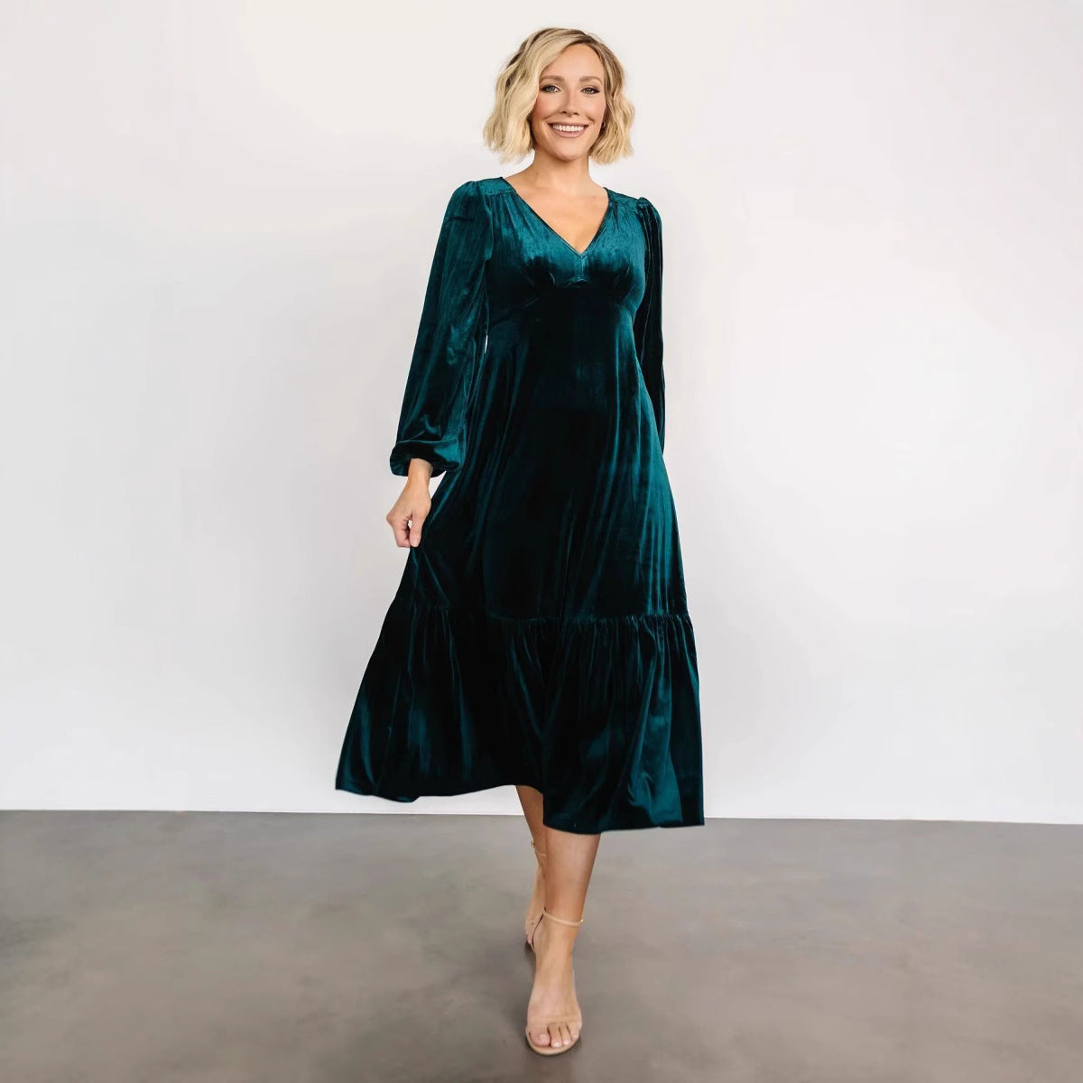 Collar Puff Sleeve Veet Ruffled Dress Dresses