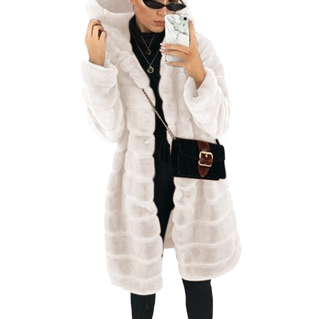 Women's Loose Korean Style Rabbit Plush Thickened Hooded Imitated Coats