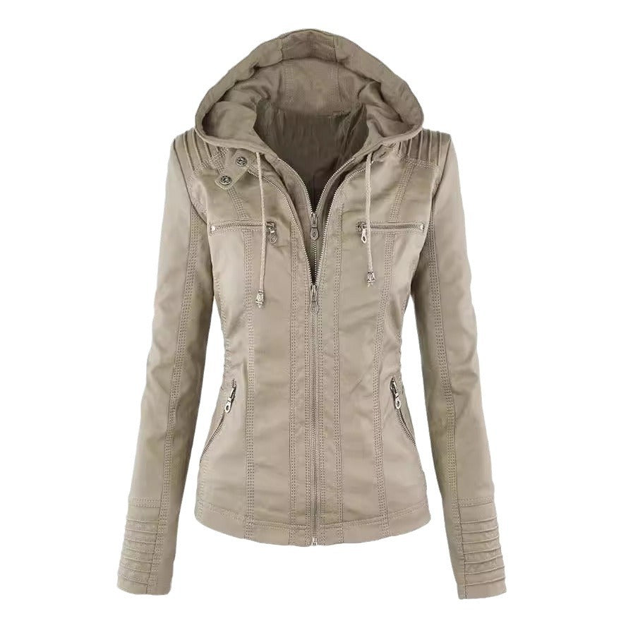 Women's Polo Collar Solid Color Zipper Leather Jackets