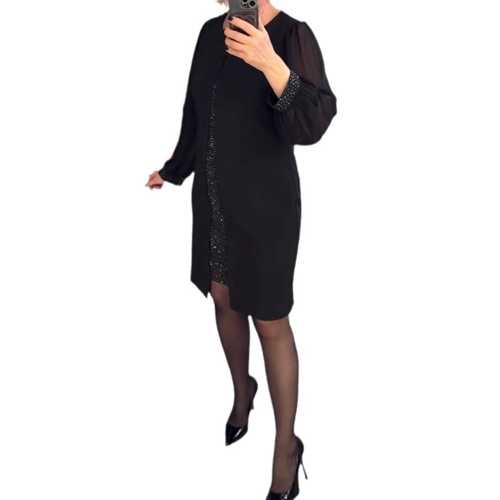 Women's Fashion Round Neck Long Sleeve Rhinestone Clothing