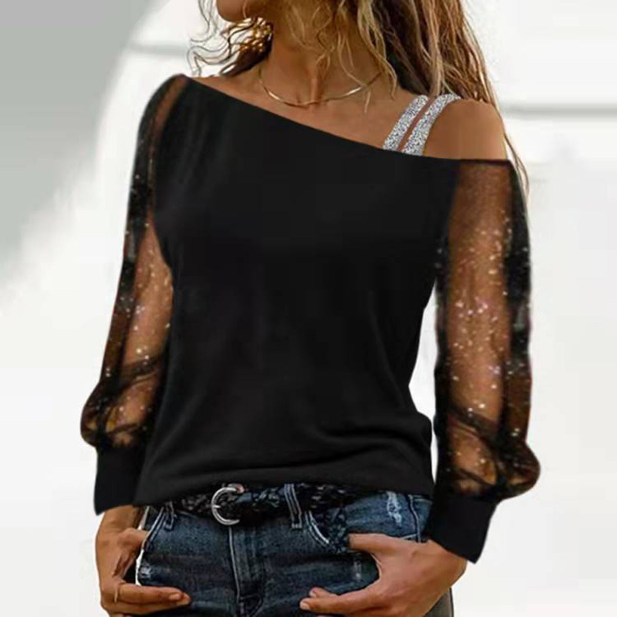 Diagonal Collar Gauzy Long Sleeve T-shirt Fashion Blouses