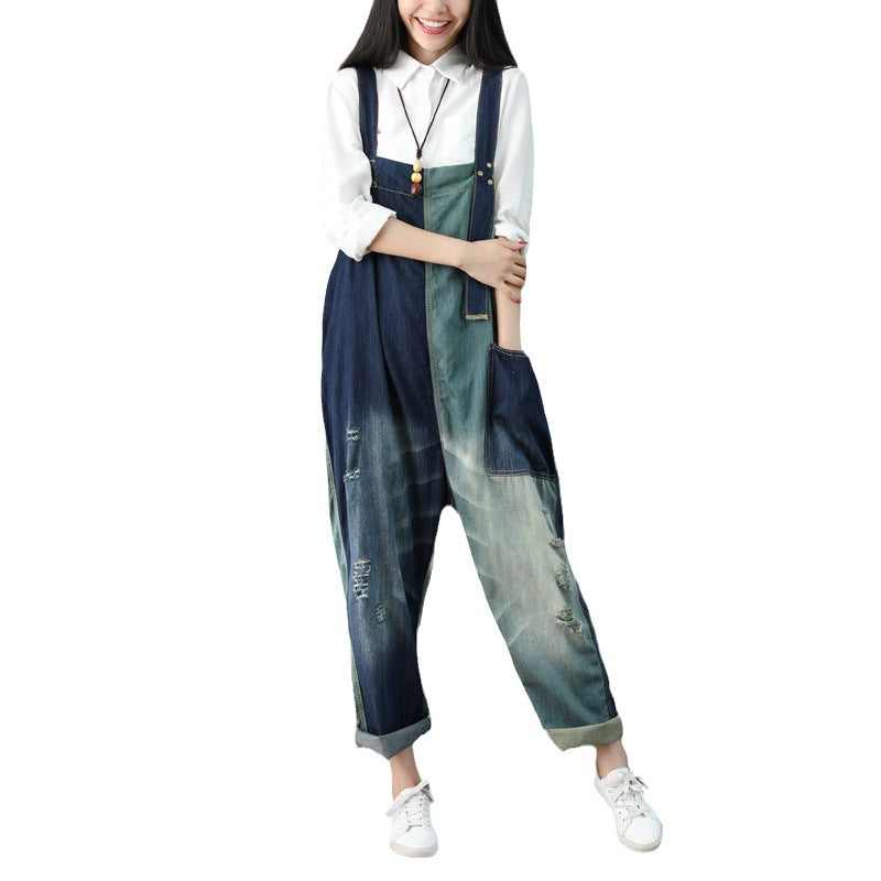 Worn Color Matching Ripped Female Overalls Jeans